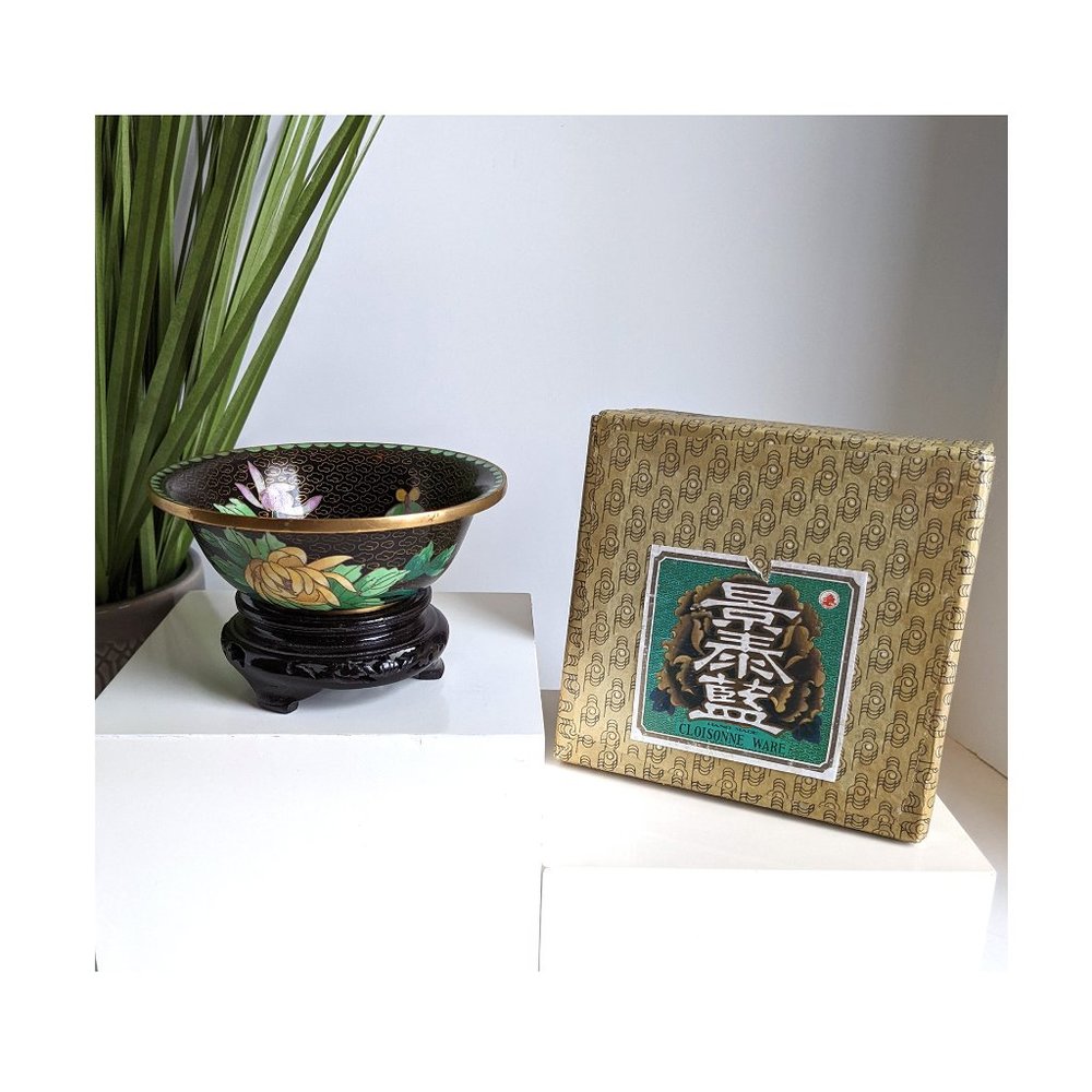 Mid Century Chinese Zi Jin Cheng Cloisonne Bowl with Brass Rims Stand & Box